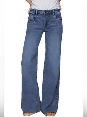 Hint of Blu High-Rise Wide-Leg Raw Hem Jeans in Mid Blue Wash - 31
